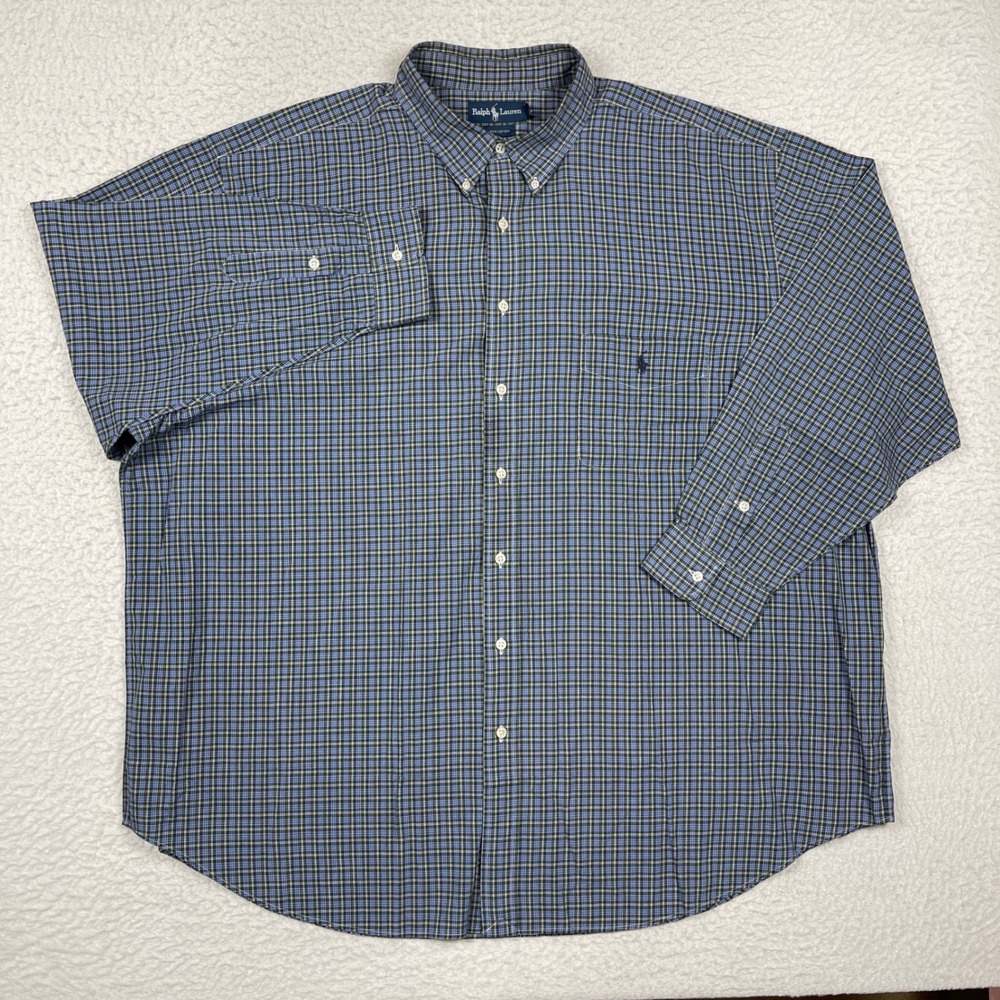 Ralph Lauren Button Down Shirt Mens 3X Big Blue Plaid Cotton Preppy Classic